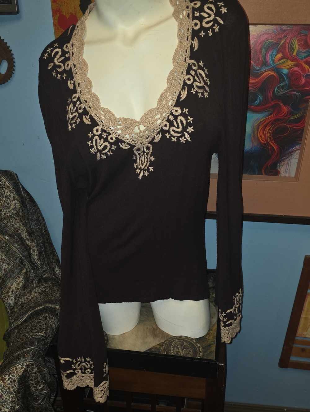 BCBGMaxAzria Black Long-Sleeve Top with Beige Lace Trim